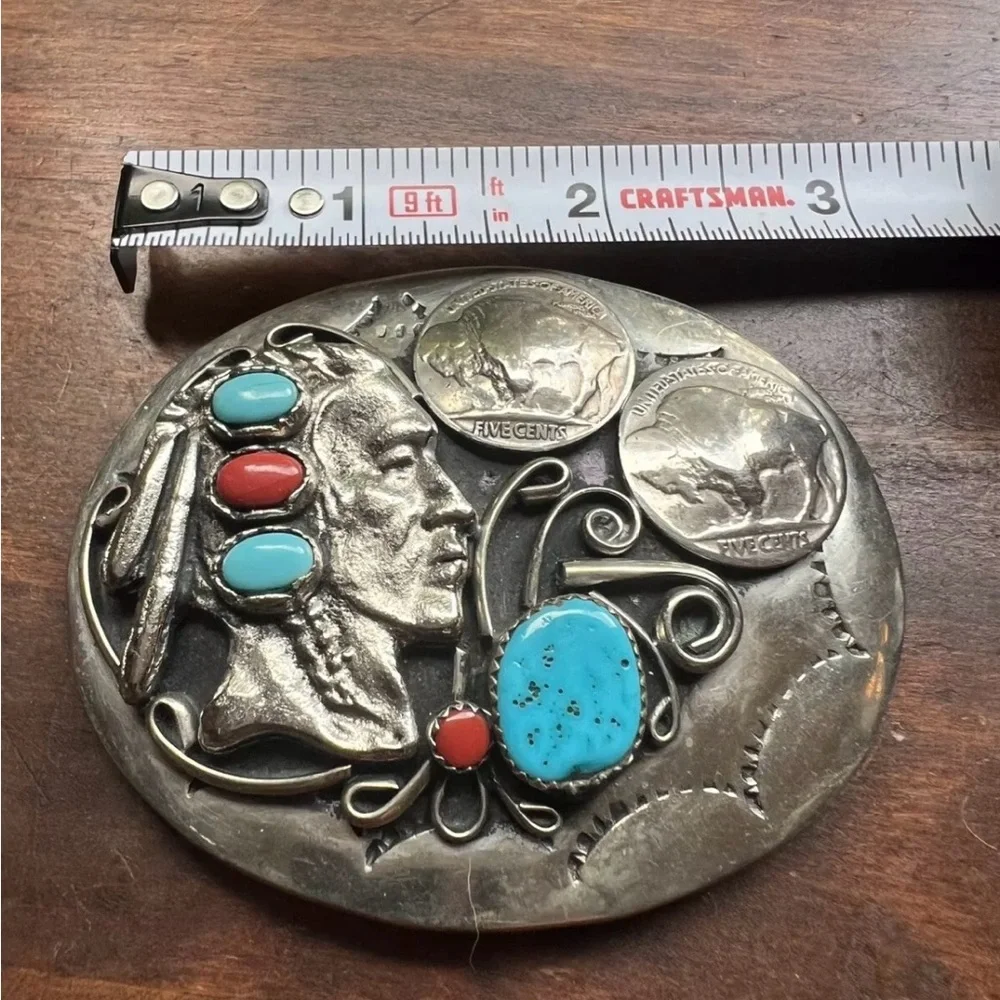 Indian Chief Buffalo Nickel Silver Tone Turqoise & Red Coral Belt Buckle - Picture 6 of 8